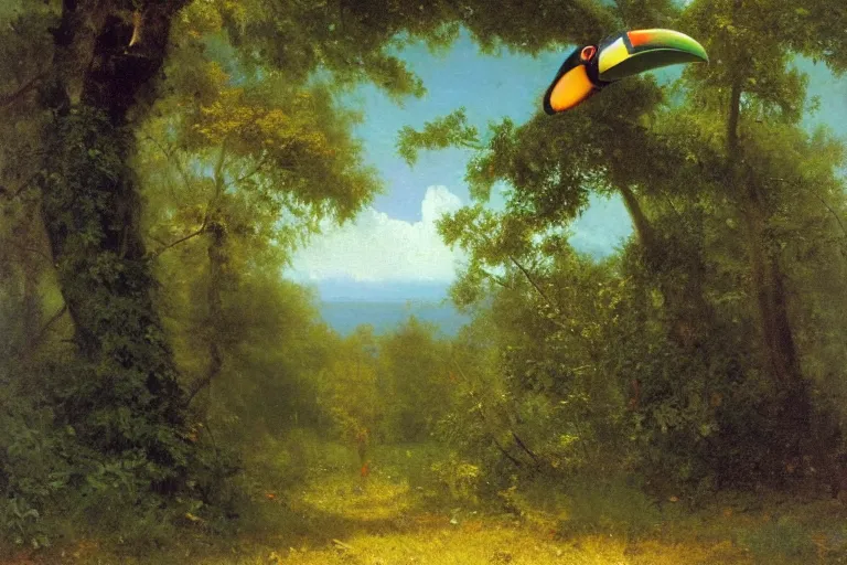 Image similar to Albert Bierstadt painting of a toucan in the wild