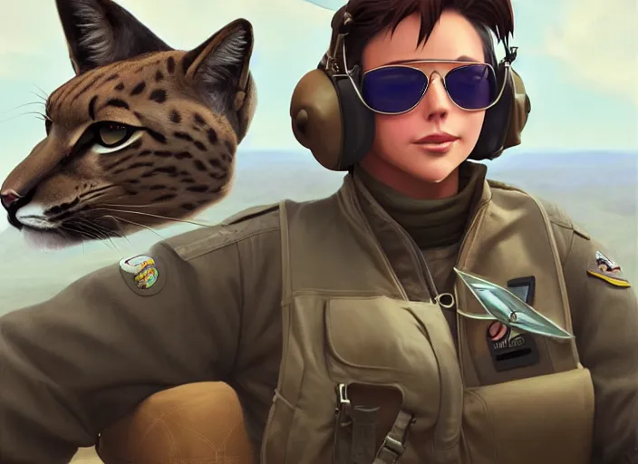 Prompt: character portrait feature of the anthro female anthropomorphic puma bobcat fursona wearing aviator sunglasses fighter jet pilot outfit uniform professional pilot for us air force character design stylized by charlie bowater, ross tran, artgerm, and makoto shinkai, detailed, soft lighting, rendered in octane, texas in background