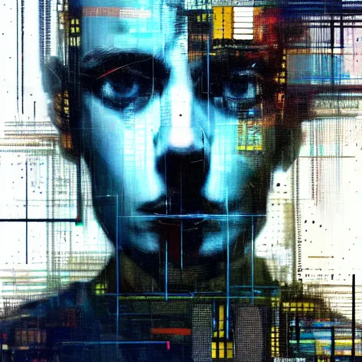 Image similar to hyperrealistic portrait of a cyberpunk character, digital ui, by Guy Denning, Johannes Itten, Russ Mills, glitch art, hacking effects, glitch effects, digitial tech effects, chromatic, color blocking!, oil on canvas, concept art, abstract