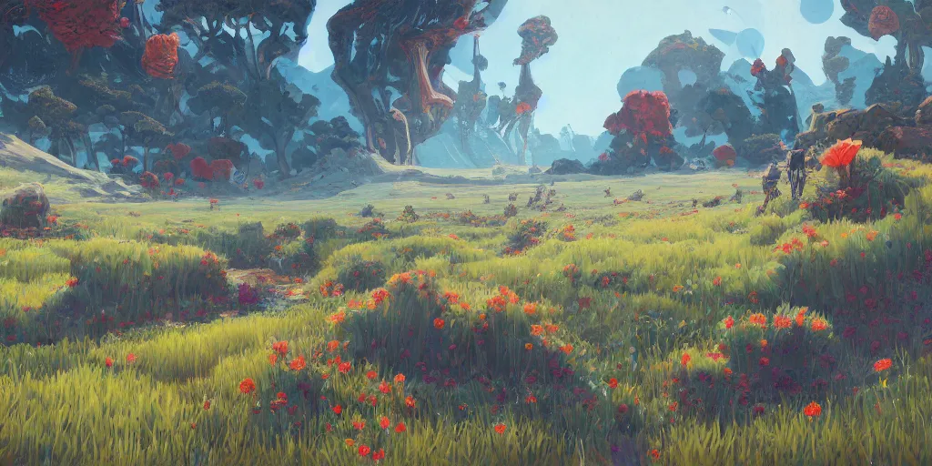 Image similar to landscape painting at noon by james jean and David Schnell painted in no mans sky style