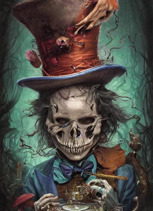 Image similar to alice in wonderland mad hatter the magician tarot card, highly detailed, half skull face, cinematic, 8 k, by stanley artgermm, tom bagshaw, greg rutkowski, carne griffiths, ayami kojima, beksinski, giger, trending on deviantart, hyper detailed, horror, full of colour