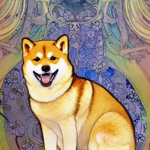 Prompt: portrait of happy laughing shiba inu with a background in the style of mucha. detailed, ornate, watercolor