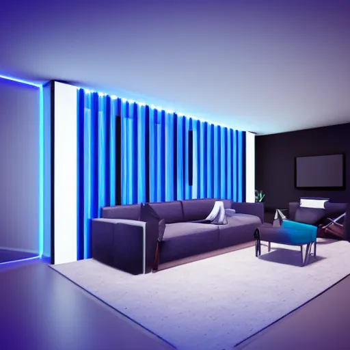 Image similar to futuristic looking living room, dark with blue neon lights, contrasted, octane render