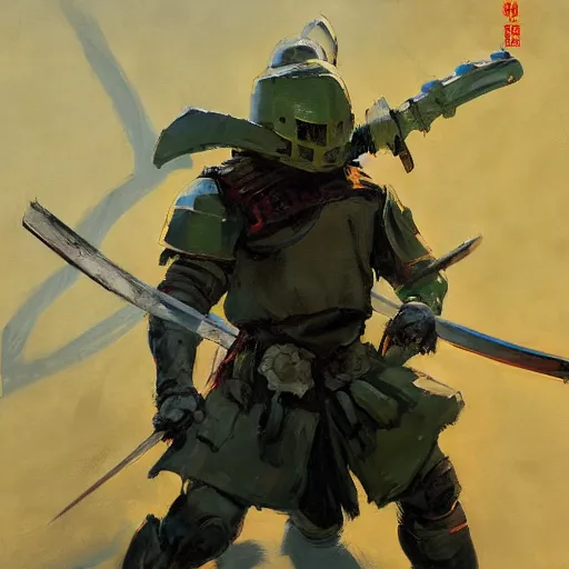 Image similar to greg manchess portrait painting of samurai as doomguy, medium shot, asymmetrical, profile picture, organic painting, sunny day, matte painting, bold shapes, hard edges, street art, trending on artstation, by huang guangjian and gil elvgren and sachin teng