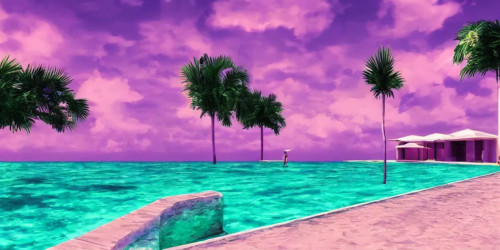 Prompt: artgem, hyperrealistic surreal virtual world of a florida keys resort with palm trees around a pool, a surreal vaporwave liminal space, pink sky, strange colors, unsettling vibe, minimalist architecture, metaverse, calming, meditative, dreamscape