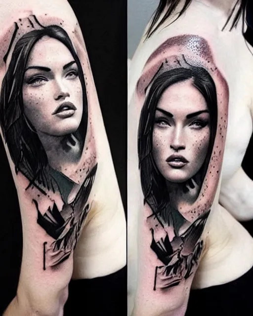 Image similar to creative double exposure effect tattoo design sketch of megan fox faded with beautiful mountain scenery, realism tattoo, in the style of matteo pasqualin, amazing detail, sharp