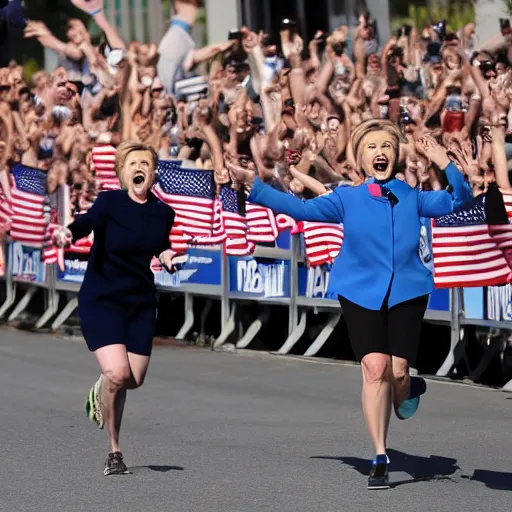 Prompt: hillary clinton running marathon screaming shouting hands in the air