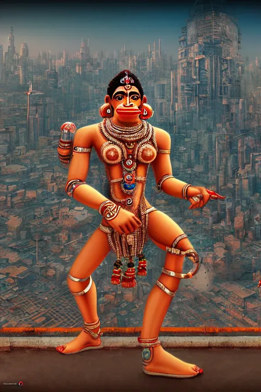 Image similar to high quality 3 d render very cute cyborg!! hanuman! madhubani, highly detailed, cyberpunk mumbai in the background, unreal engine cinematic smooth, in the style of solaris, hannah yata charlie immer, moody light, low angle, uhd 8 k, sharp focus