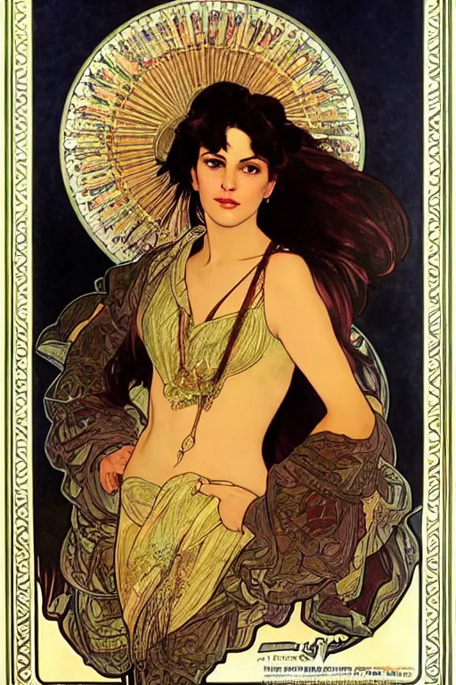 Image similar to portrait of monica belucci from the movie malena, artwork by alphonse mucha