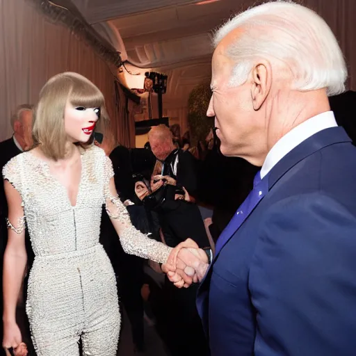 Image similar to taylor swift shaking hands with joe biden, 8 k uhd, cover of vouge magazine, perfect faces