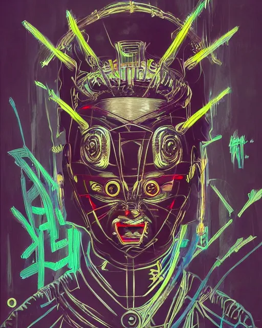 Prompt: a cyberpunk portrait of a samurai warrior demon mask by jean - michel basquiat, by hayao miyazaki by artgerm, highly detailed, sacred geometry, mathematics, snake, geometry, cyberpunk, vibrant, water