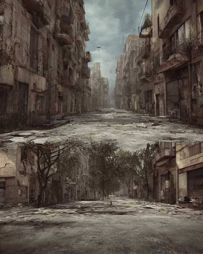 Image similar to abandoned streets of post-apocalyptic Barcelona, ghost town, octane, 3d render, extremely detailed