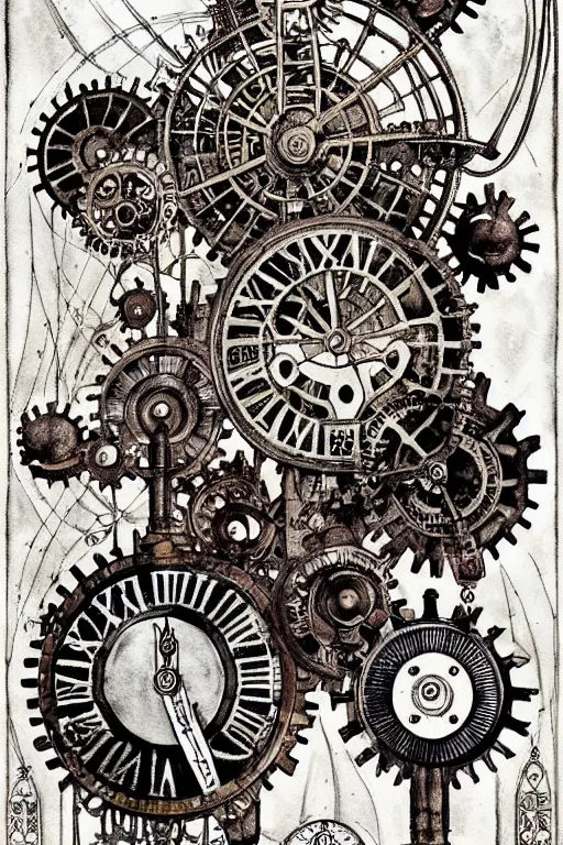 Image similar to steampunk gears, and eternal clock without numbers, dark and gothic, full frame, art by kay nielsen and walter crane, black and white illustration style, watercolor