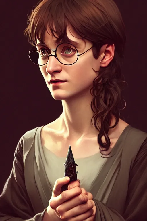 Prompt: a portrait of harry potter, fantasy, sharp focus, intricate, elegant, digital painting, artstation, matte, highly detailed, concept art, illustration, ambient lighting, art by ilya kuvshinov, artgerm, alphonse mucha, and greg rutkowski