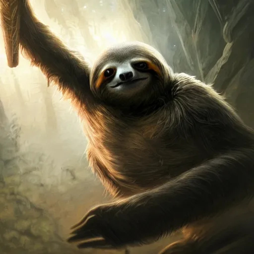 Image similar to Sloth, Anthropomorphized, casting epic spell, magic the gathering artwork, D&D, fantasy, cinematic lighting, centered, symmetrical, highly detailed, digital painting, artstation, concept art, smooth, sharp focus, illustration, volumetric lighting, epic Composition, 8k, art by Akihiko Yoshida and Greg Rutkowski and Craig Mullins, heroic pose, oil painting, cgsociety, magic lab background