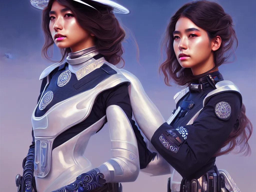 Prompt: portrait futuristic mexico police uniform girl, at future neon light rooftop, ssci - fi and fantasy, intricate and very very beautiful and elegant, highly detailed, digital painting, artstation, concept art, smooth and sharp focus, illustration, art by tan zi and ayanamikodon and alphonse mucha and wlop