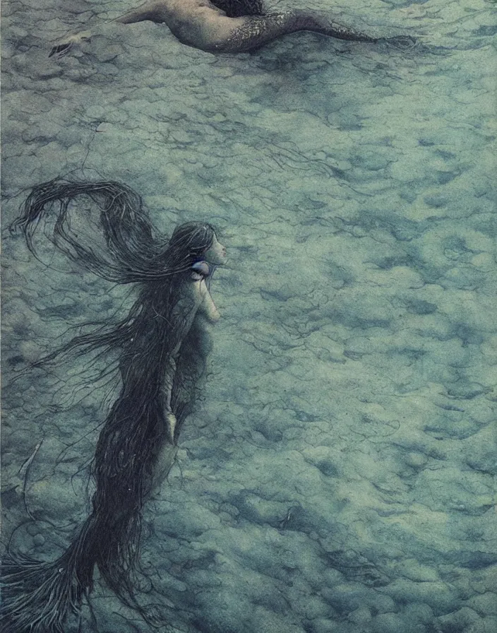 Image similar to a mermaid swimming deep underwater, high detailed beksinski painting, part by adrian ghenie and gerhard richter. art by takato yamamoto. masterpiece, dark and moody, deep colours, blue