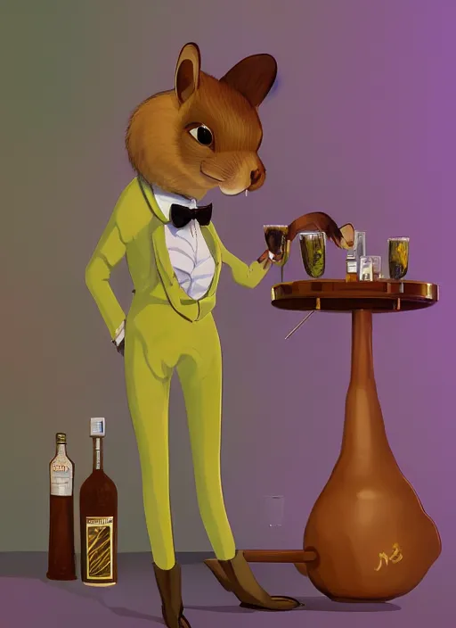 Prompt: squirrel anthro as a dapper bartender with a big, fluffy tail, retro futurism, art deco, detailed, painterly digital art by WLOP and Cory Loftis and Randolph Stanley Hewton, 🐿🍸🍋, furaffinity, trending on artstation