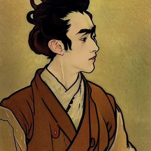 Image similar to painting of grumpy handsome beautiful man named min - jun in a maid outfit, elegant, clear, painting, stylized, art, art by alphonse mucha, vincent van gogh, egon schiele,