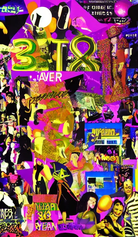 Prompt: Poster for a New Year's Eve rave, pastiche, collage, postmodern, early 3DCG, late 90s