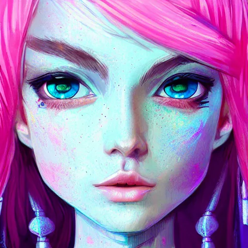 Image similar to girl elf portrait, elven warrior princess, head and shoulders, matte print, pastel pink, neon highlights, digital art, cute freckles, digital painting, fan art, elegant, pixiv, by Ilya Kuvshinov, daily deviation, IAMAG