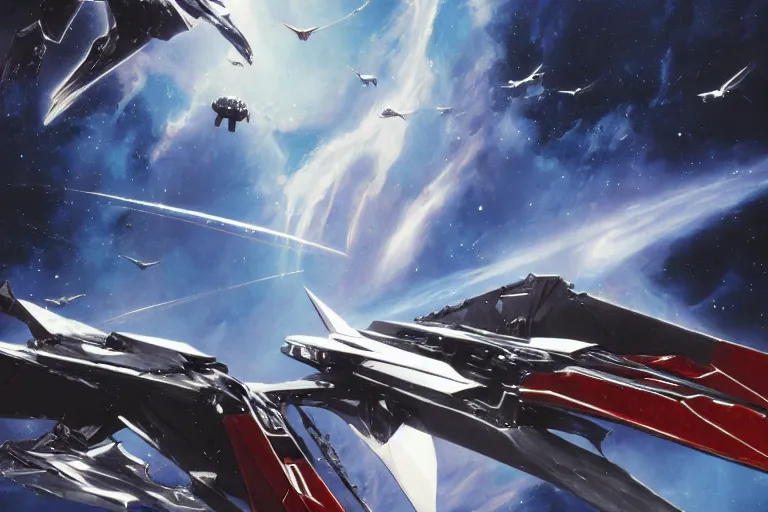 Image similar to gnostic space nebula framing a pteranodon mecha interceptor, small against the backdrop of space, white john berkey armor panels, wine-red and grey trim, robotech styling, with white Kanji markings outlined in black, boeing concept art painting, cinematic lighting, amazing lifelike cinematic photo render