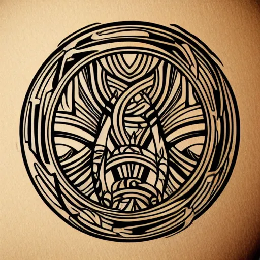 Prompt: a vector circular tattoo design in an art nouveau style, and in a spiky tribal style.