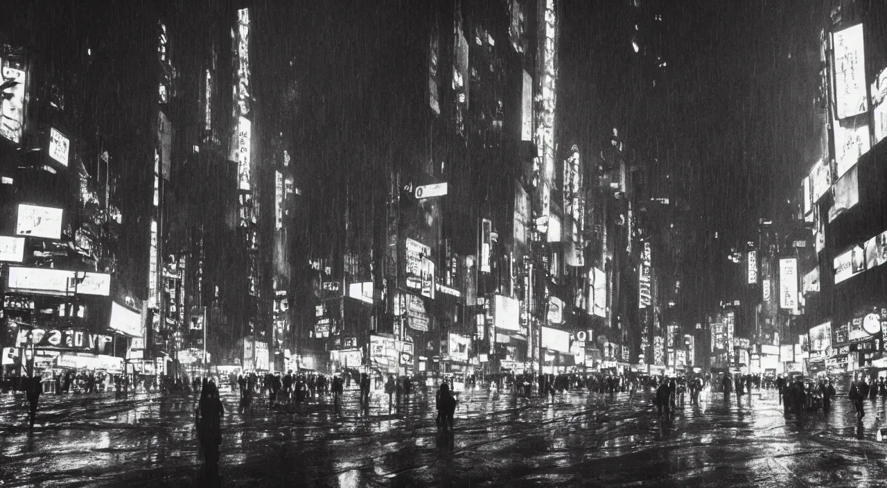 Image similar to a dramatic scene from blade runner film, with brutalist city scape and crowded streets at rainy night