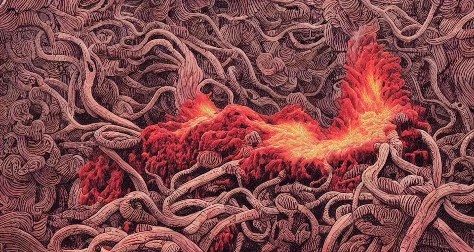 Image similar to a volcano made of ivory vines and crimson rocks enters in eruption, it spits a smoke in the shape of demonic eye, by james jean,