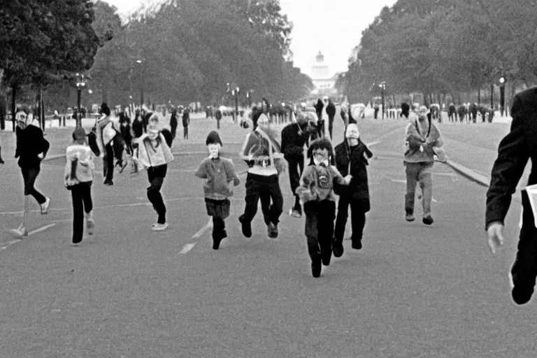 Prompt: CCTV Footage slenderman on the mall, scared people, people running, black and white, year 1990s