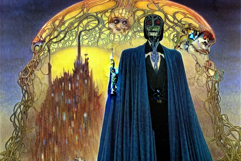 Image similar to realistic extremely detailed portrait painting of an elegantly creepy vampire man in a cape, futuristic sci-fi fortress on background by Jean Delville, Amano, Yves Tanguy, Alphonse Mucha, Ernst Haeckel, Edward Robert Hughes, Roger Dean, rich moody colours, blue eyes