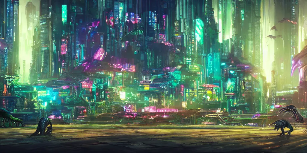 Image similar to a beautiful painting of a lush cyberpunk city with a single dinosaur grazing in the foreground by ridley scott, vivid colours, cinematic lighting, fine details, 8 k | | digital artwork made by greg rutswork, anna dittmann and lois van barlee, symmetrical neon rim light, anatomically correct