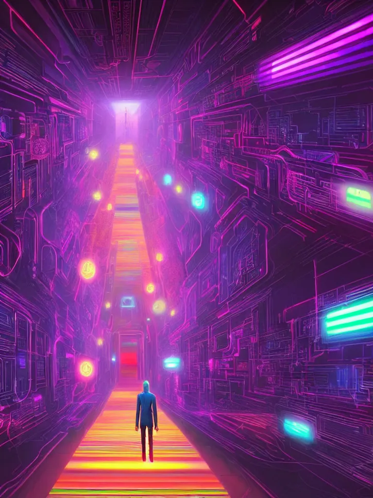 Image similar to entrance to mainframe ethereal realm, ai sentient, rendered in unreal engine, central composition, symmetrical composition, dreamy colorful cyberpunk colors, 6 point perspective, fantasy landscape with anthropomorphic terrain in the styles of igor morski, jim warren and rob gonsalves, intricate, hyperrealistic, volumetric lighting, neon ambiance, distinct horizon