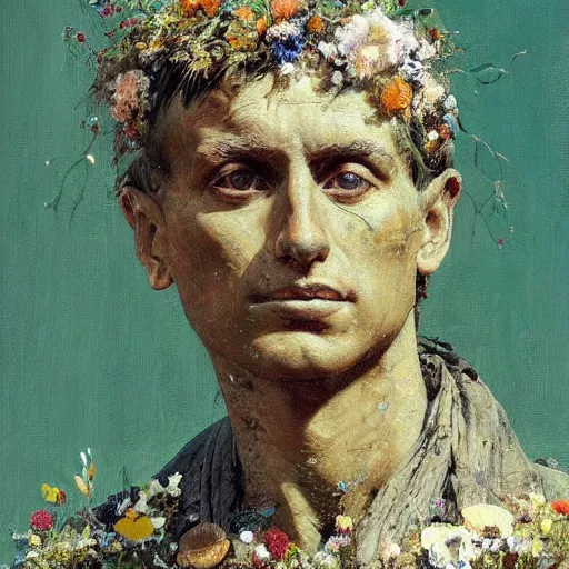 Image similar to a sculpture portrait made of papper and sand and flowers and plants, painting part by wojciech siudmak, part by ilya repin, part by max ernst, part by norman rockwell, artstation