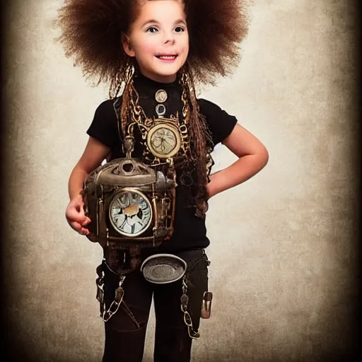 Image similar to steampunk little girl wears a clock necklace