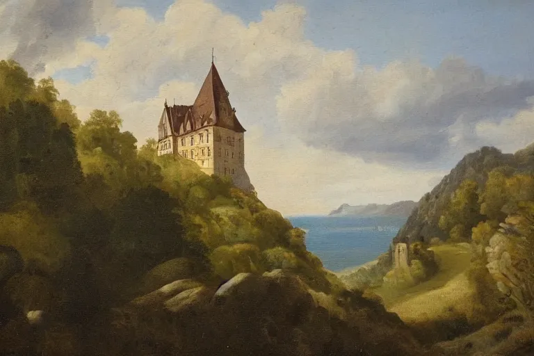 Image similar to a landscape painting of a german castle on the cliff