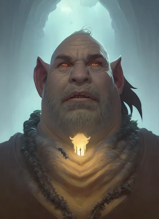 Image similar to highly detailed portrait of a big fat grey orc, unreal engine, fantasy art by greg rutkowski, loish, rhads, ferdinand knab, makoto shinkai and lois van baarle, ilya kuvshinov, rossdraws, tom bagshaw, alphonse mucha, global illumination, radiant light, detailed and intricate environment