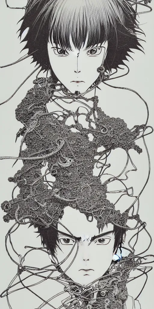 Prompt: prompt: Fragile looking figure, portrait face drawn by Takato Yamamoto and Katsuhiro Otomo, full body character drawing, inspired by Evangeleon and Akira 1988, cyborg and wire details parts, clean ink detailed line drawing, intricate detail, manga 1980, portrait centric composition