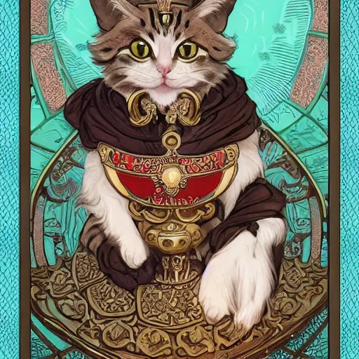 Image similar to A heraldic queen kitty cat with big cute eyes and her paw raised like a japanese maneki-neko and flowers around, D&D, fantasy, intricate, cinematic lighting, highly detailed, digital painting, artstation, concept art, smooth, sharp focus, illustration, art by Akihiko Yoshida, Greg Rutkowski and Alphonse Mucha