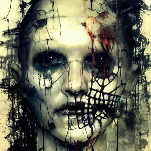 Image similar to skulls wires skin cyberpunk by emil melmoth zdzislaw belsinki craig mullins yoji shinkawa realistic render ominous detailed photo atmospheric by jeremy mann francis bacon and agnes cecile ink drips paint smears digital glitches glitchart