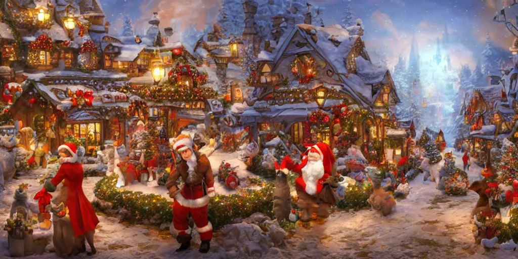 Prompt: cat christmas fantasy village street view by artgerm and Craig Mullins, James Jean, Andrey Ryabovichev, Mark Simonetti and Peter Morbacher 16k