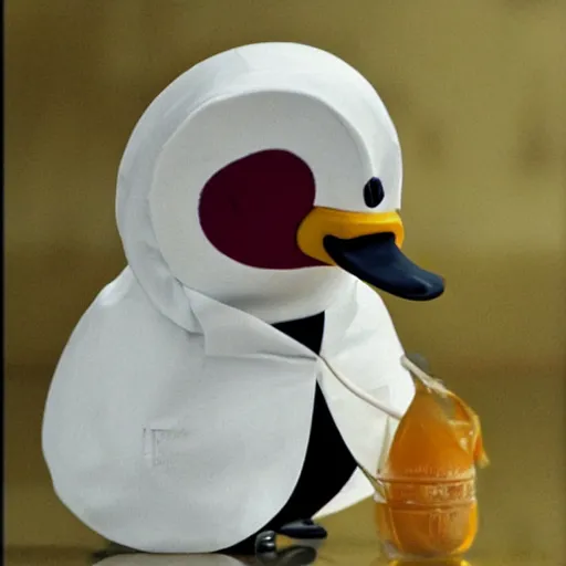 Prompt: a duck wearing a labcoat