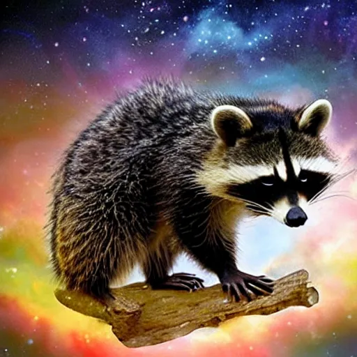 Image similar to confused raccoon floating through the cosmos, poorly photoshopped,