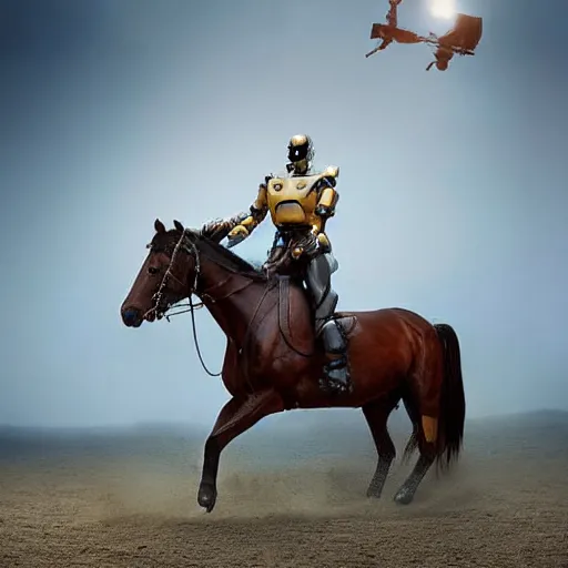 Prompt: a robot riding a horse, hyperrealistic, National Geographic photo, as coherent as Dall-E 2