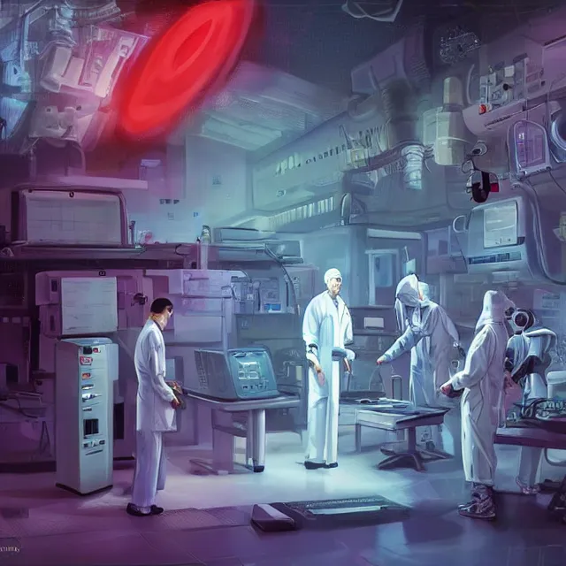 Image similar to engineers and scientists in labcoats confront a malevolent computer, glowing digital runes, panicked scientists in the background, ( futurism ), rhads!!!, james gurney, ( art fitzpatrick ), ( asaf hanuka ), ( ( barclay shaw ) ), ominous, saturday morning cartoon, clean linework, western animation