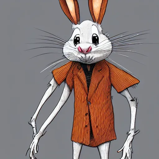 Image similar to A extremely highly detailed majestic hi-res beautiful, highly detailed portrait of a scary terrifying creepy cartoon rabbit standing up wearing pants and a shirt in the style of Walt Disney animation, high textures, hyper sharp, 8k, insanely detailed and intricate