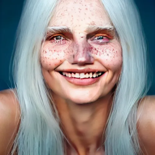 Prompt: beautiful hyperreal portrait of a cute woman smiling softly, long white hair and bangs, a few cute freckles on cheeks and nose, blue eyes, very detailed face, by irakli nadar and juan francisco casas, golden hour, soft focus, 8 k, portra 4 0 0
