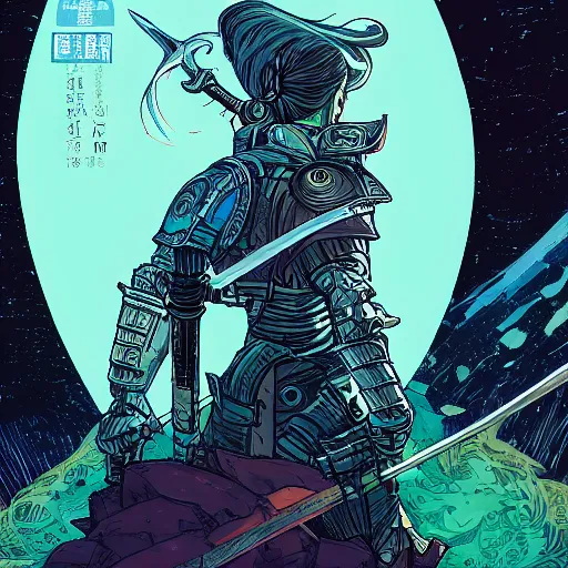 Image similar to portrait of the back of a paladin with great sword, standing, Borderlands and by Feng Zhu and Loish and Laurie Greasley, Victo Ngai, Andreas Rocha, John Harris