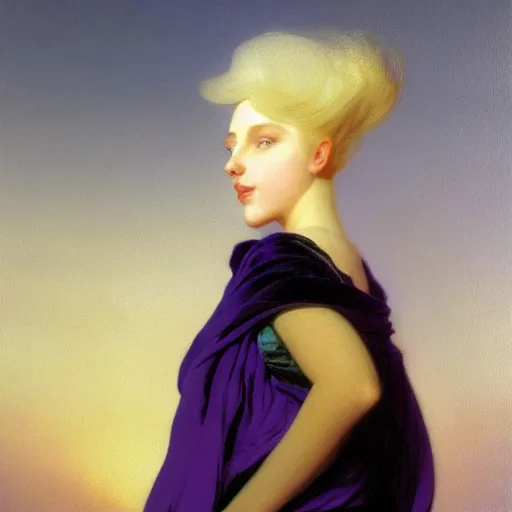 Image similar to a young woman's face, her hair is white and she wears an deep purple satin cloak, by ivan aivazovsky and syd mead and moebius and gaston bussiere and roger dean and pieter claesz and paul delaroche and alma tadema and aelbert cuyp and willem claesz, hyperrealistic, volumetric light, octane render