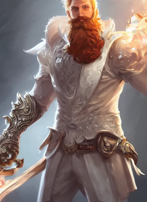 Image similar to a highly detailed illustration of short ginger haired man wearing white suit, heroic wielding ornate mechanical cane pose, intricate, elegant, highly detailed, centered, digital painting, artstation, concept art, smooth, sharp focus, league of legends concept art, WLOP